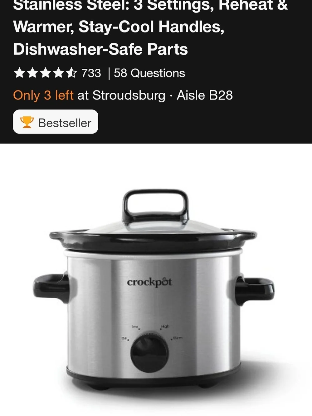 Crock-Pot Stainless Steel 2-Quart Slow Cooker — Silver/Black